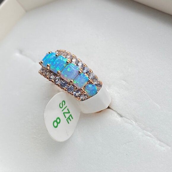 Aqua Blue Fire Opal on Rose Gold Plating RBP7249 Ring Size 8 - Picture 3 of 4
